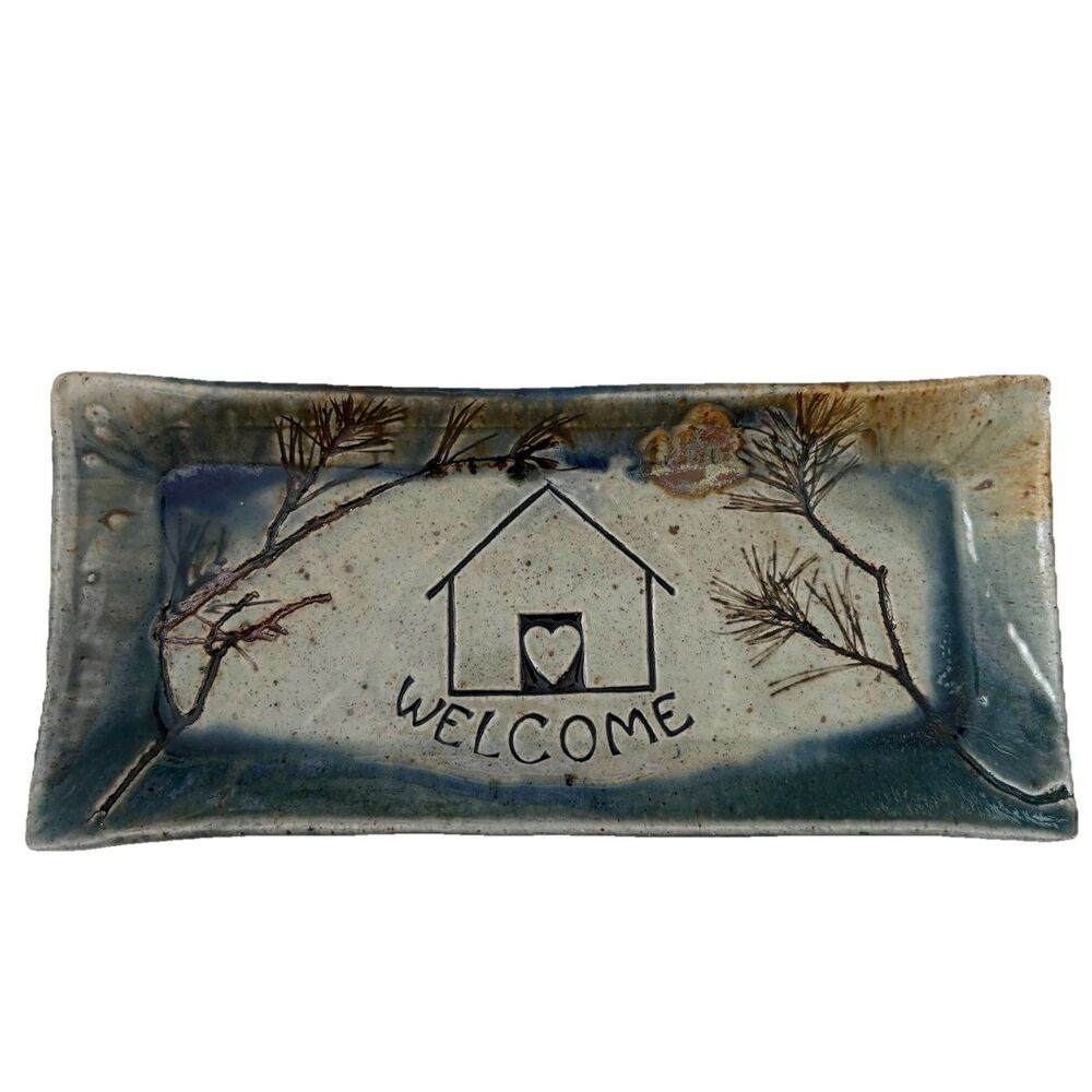 Handcrafted Stoneware Welcome Trinket Tray Signed Sara Rubin Pottery 15" Glazed